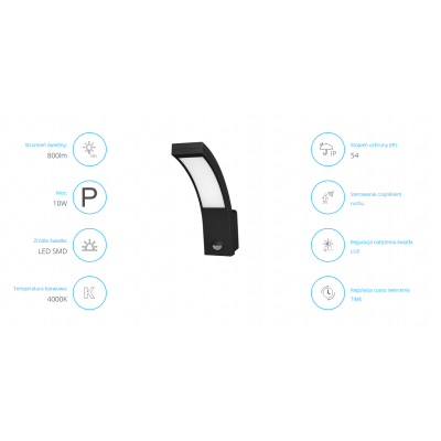 Oprawa ogrodowa z czujnikiem ruchu PIRYT LED 10W 140st 850lm IP54 4000K czarna AD-OP-6109BLPMR4 ORNO (AD-OP-6109BLPMR4)